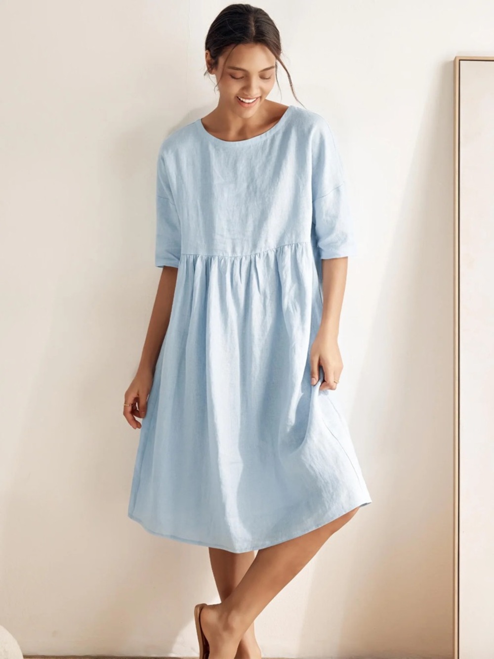 Linticon100% Linen A-Line Midi Dress VALENCIA size small in blue